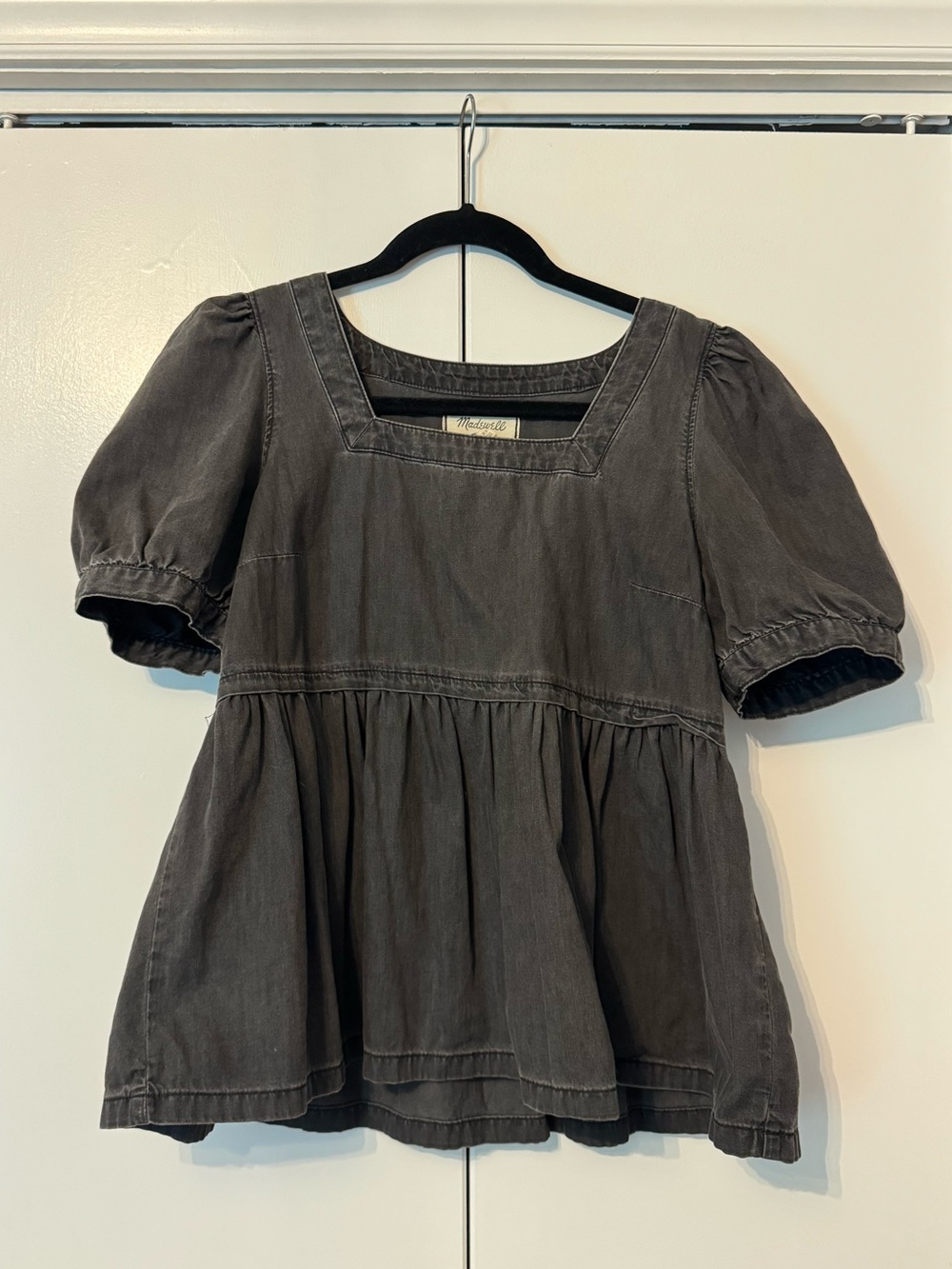 Madewell Washed Black Puff Sleeve Peplum Top - 100% Cotton